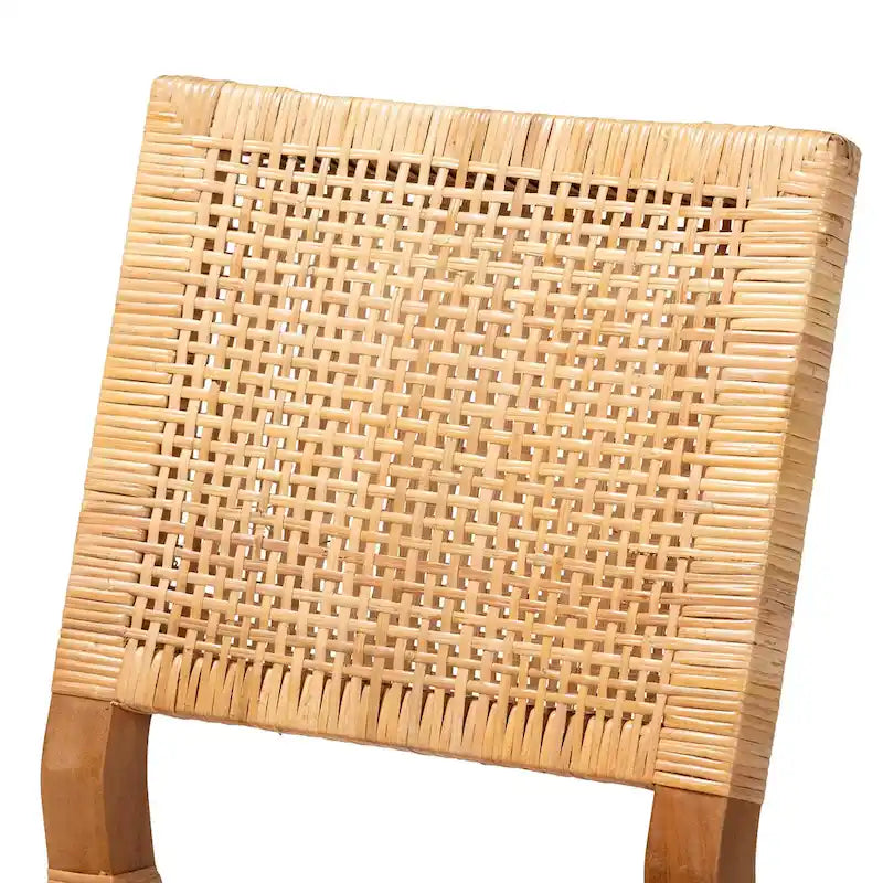Chaise de salle à manger Bohème en Rotin Brun Naturel / Noyer et Bois d'Acajou, avec Dossier Carré et Pieds Inclinés, 1 place