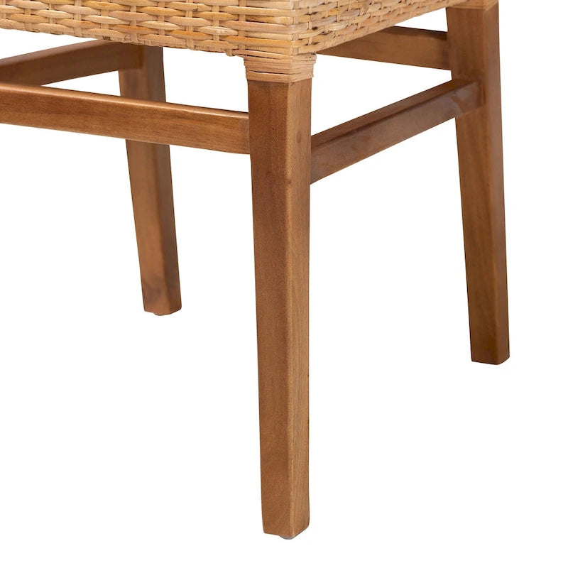 Chaise de salle à manger Bohème en Rotin Brun Naturel / Noyer et Bois d'Acajou, avec Dossier Carré et Pieds Inclinés, 1 place