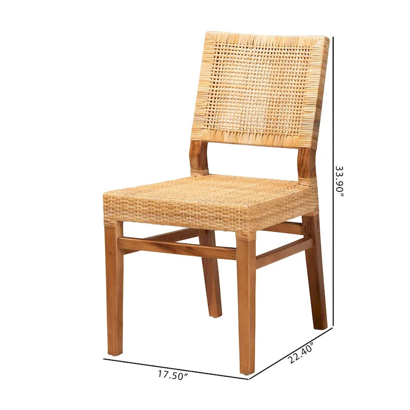 Chaise de salle à manger Bohème en Rotin Brun Naturel / Noyer et Bois d'Acajou, avec Dossier Carré et Pieds Inclinés, 1 place