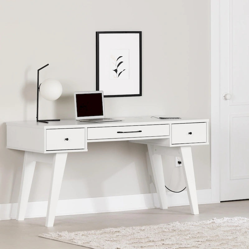 Bureau d'ordinateur de style scandinave en noyer naturel / blanc / orme clair avec barre d'alimentation intégrée et 3 tiroirs, 1 personne