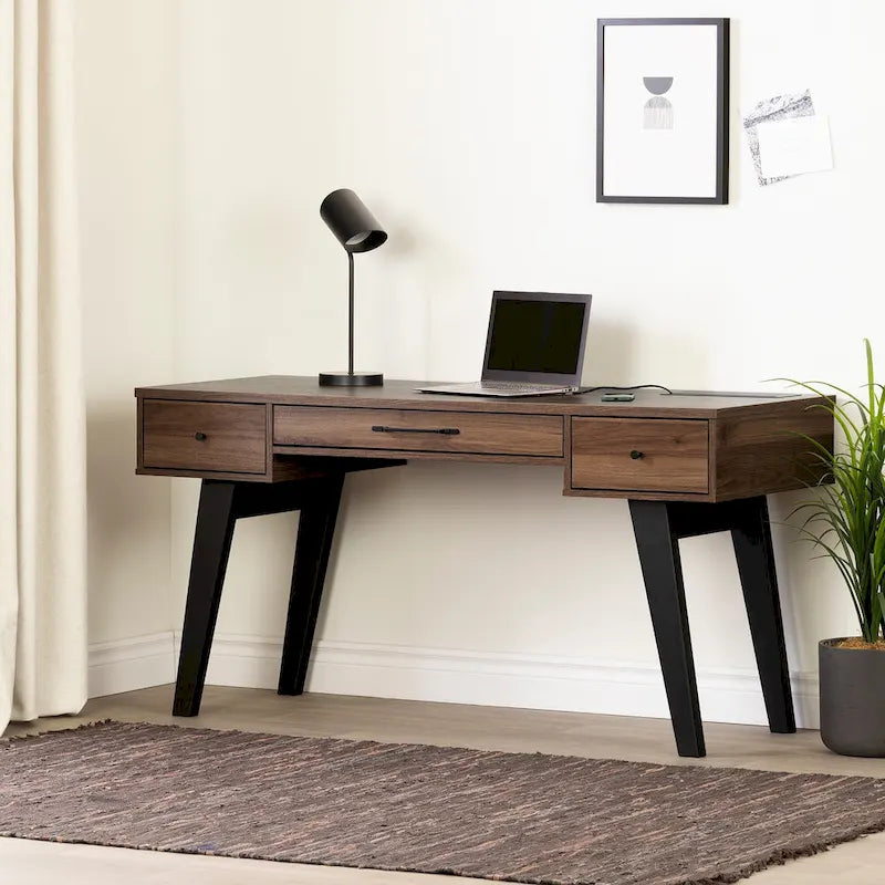 Bureau d'ordinateur de style scandinave en noyer naturel / blanc / orme clair avec barre d'alimentation intégrée et 3 tiroirs, 1 personne