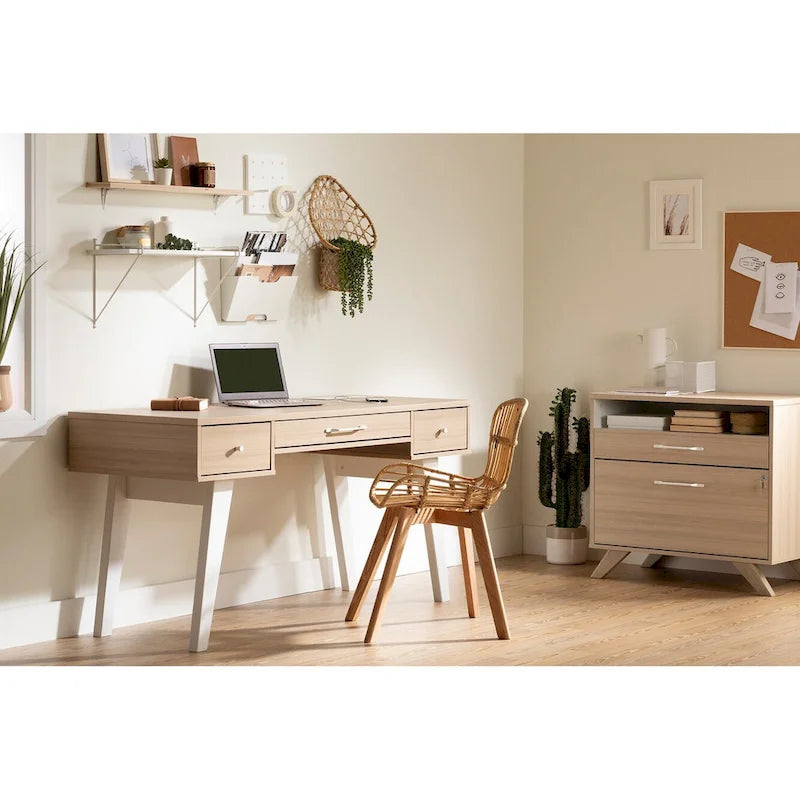 Bureau d'ordinateur de style scandinave en noyer naturel / blanc / orme clair avec barre d'alimentation intégrée et 3 tiroirs, 1 personne