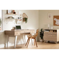 Bureau d'ordinateur de style scandinave en noyer naturel / blanc / orme clair avec barre d'alimentation intégrée et 3 tiroirs, 1 personne