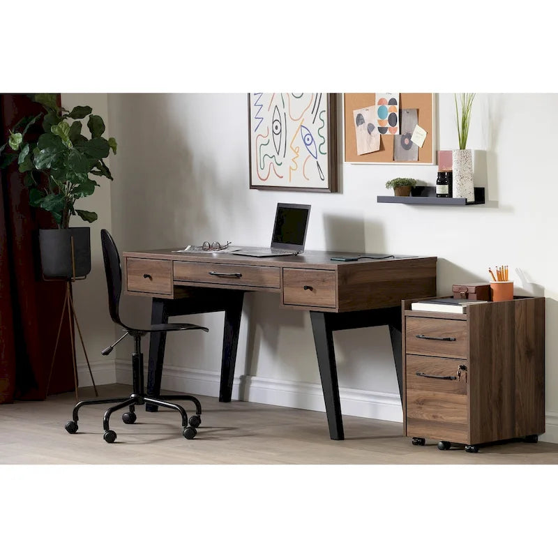 Bureau d'ordinateur de style scandinave en noyer naturel / blanc / orme clair avec barre d'alimentation intégrée et 3 tiroirs, 1 personne