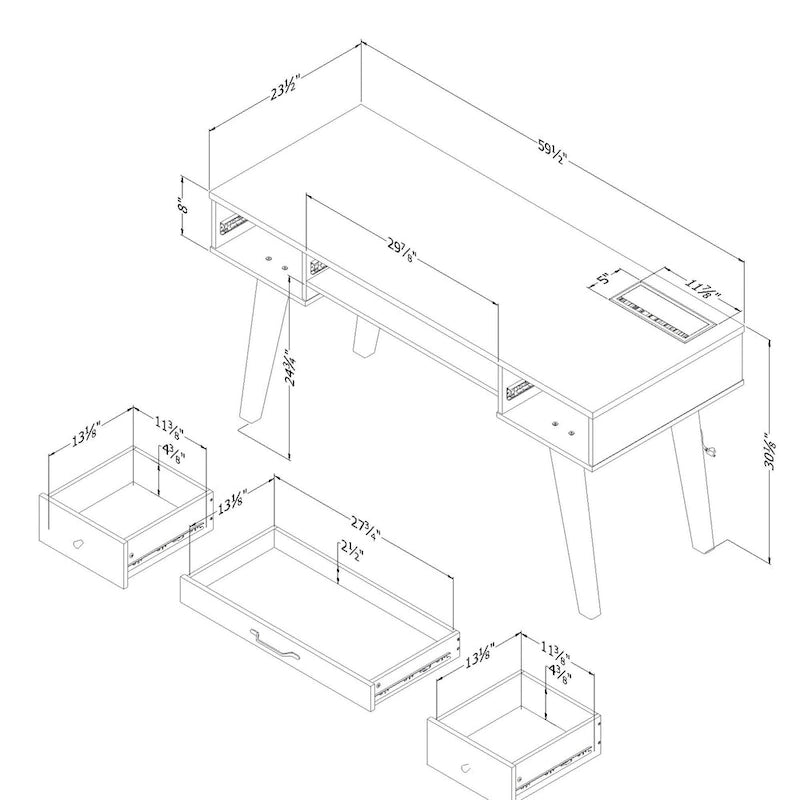 Bureau d'ordinateur de style scandinave en noyer naturel / blanc / orme clair avec barre d'alimentation intégrée et 3 tiroirs, 1 personne