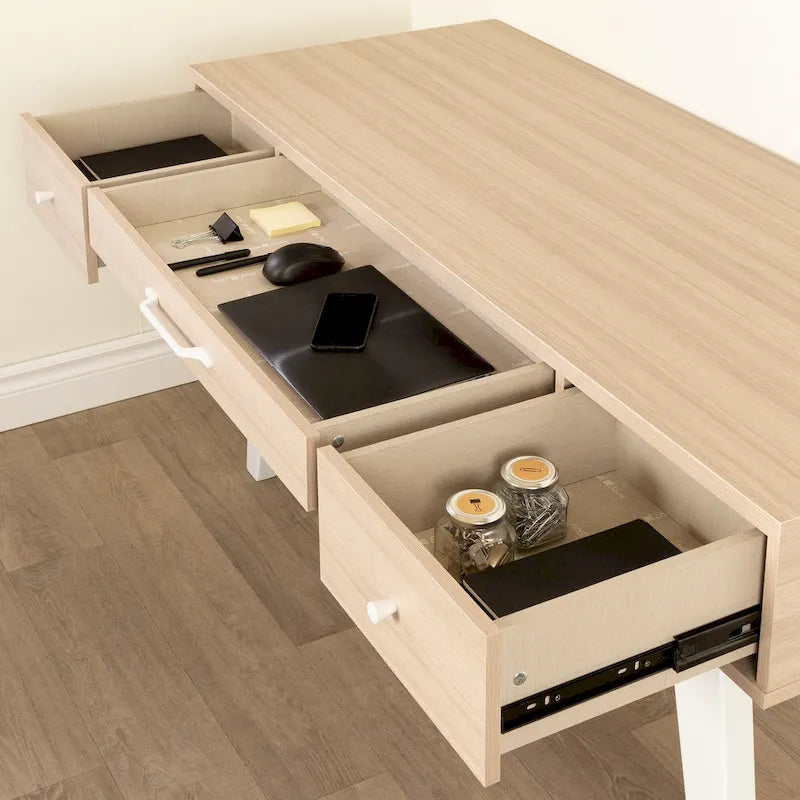 Bureau d'ordinateur de style scandinave en noyer naturel / blanc / orme clair avec barre d'alimentation intégrée et 3 tiroirs, 1 personne