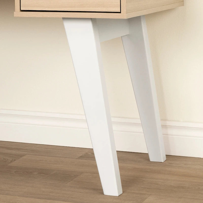 Bureau d'ordinateur de style scandinave en noyer naturel / blanc / orme clair avec barre d'alimentation intégrée et 3 tiroirs, 1 personne