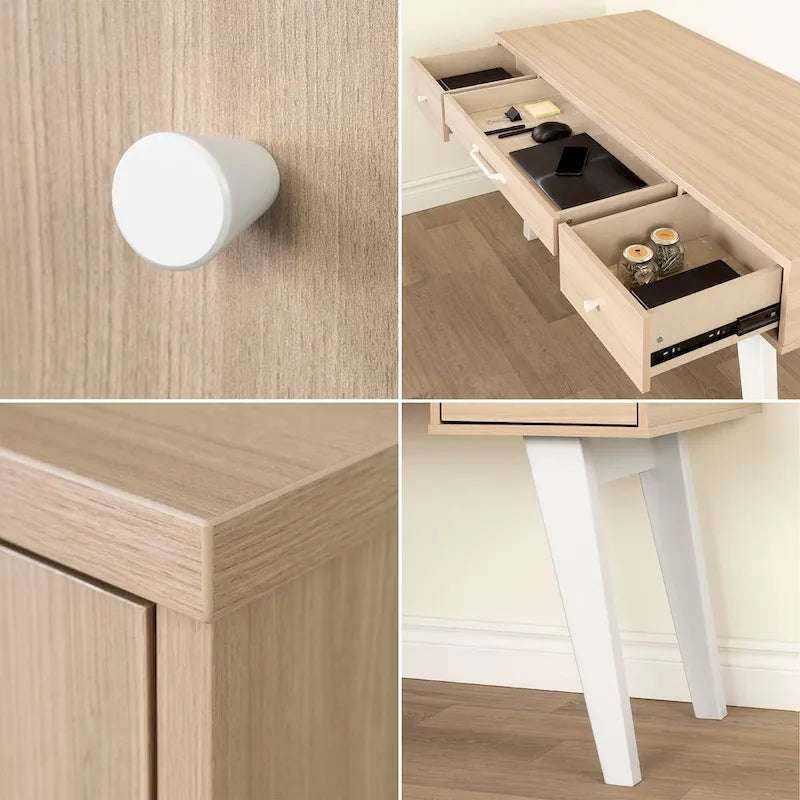 Bureau d'ordinateur de style scandinave en noyer naturel / blanc / orme clair avec barre d'alimentation intégrée et 3 tiroirs, 1 personne