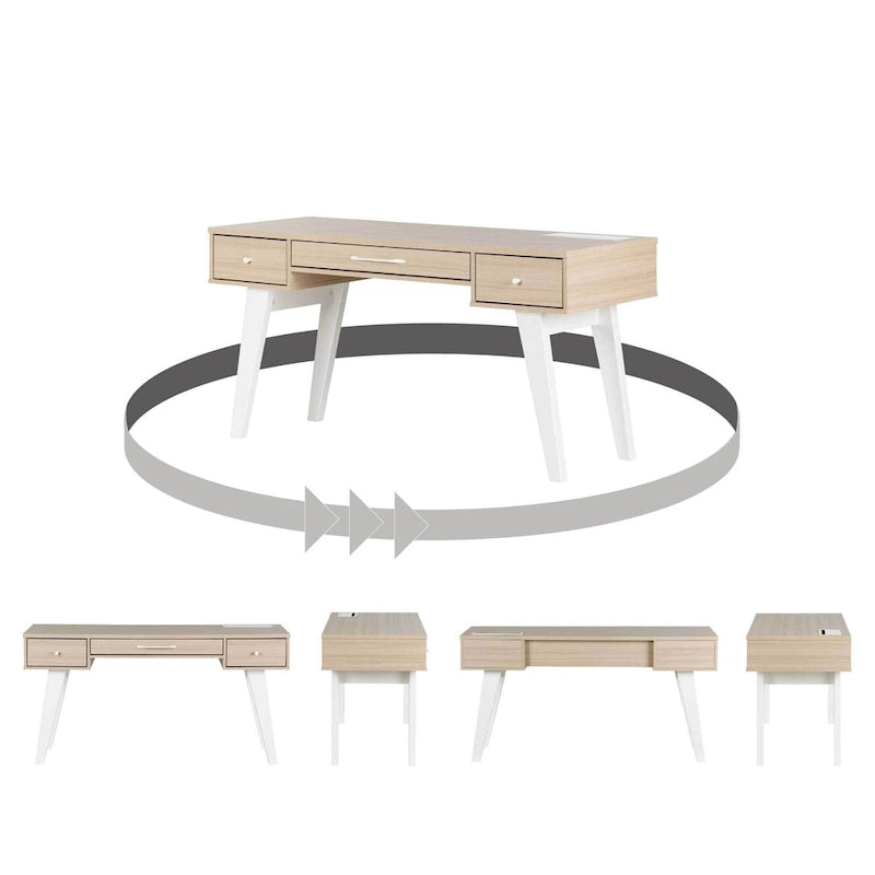 Bureau d'ordinateur de style scandinave en noyer naturel / blanc / orme clair avec barre d'alimentation intégrée et 3 tiroirs, 1 personne