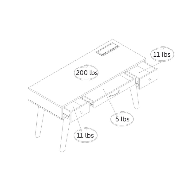 Bureau d'ordinateur de style scandinave en noyer naturel / blanc / orme clair avec barre d'alimentation intégrée et 3 tiroirs, 1 personne