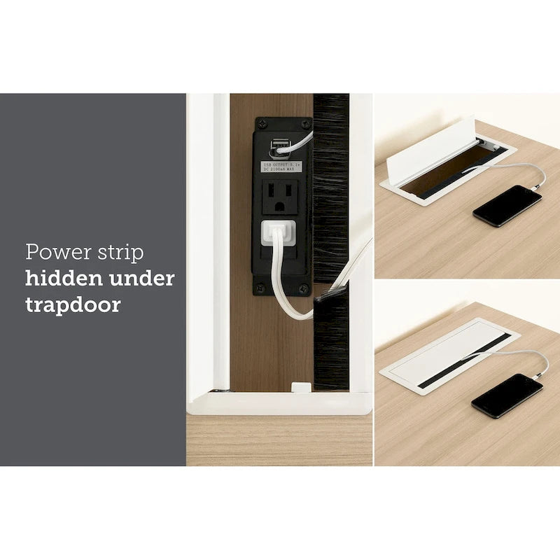 Bureau d'ordinateur de style scandinave en noyer naturel / blanc / orme clair avec barre d'alimentation intégrée et 3 tiroirs, 1 personne