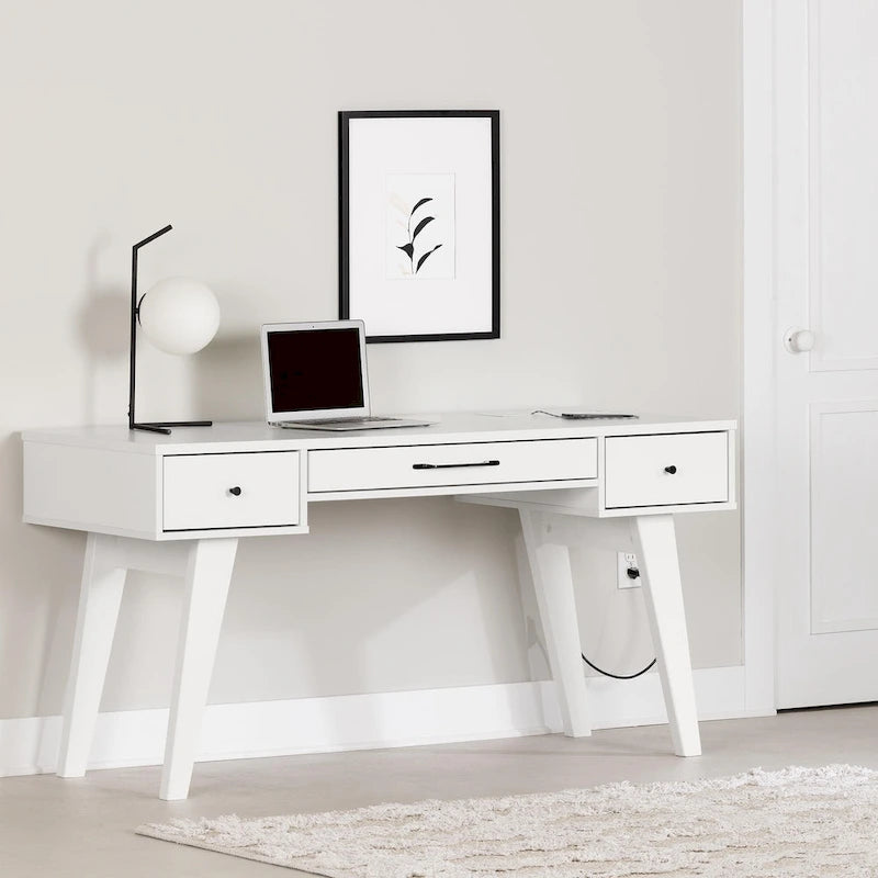 Bureau d'ordinateur de style scandinave en noyer naturel / blanc / orme clair avec barre d'alimentation intégrée et 3 tiroirs, 1 personne