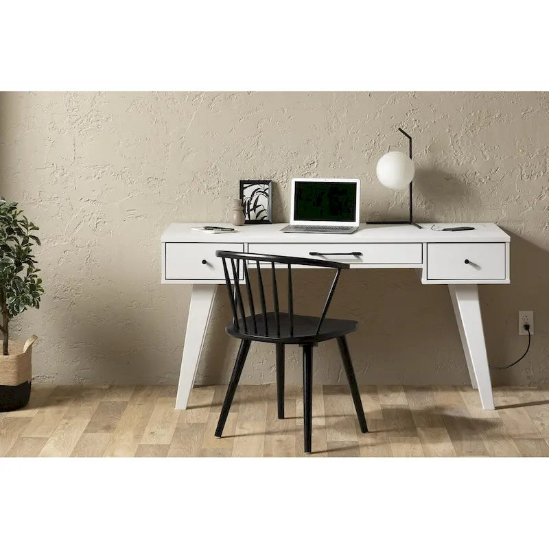 Bureau d'ordinateur de style scandinave en noyer naturel / blanc / orme clair avec barre d'alimentation intégrée et 3 tiroirs, 1 personne