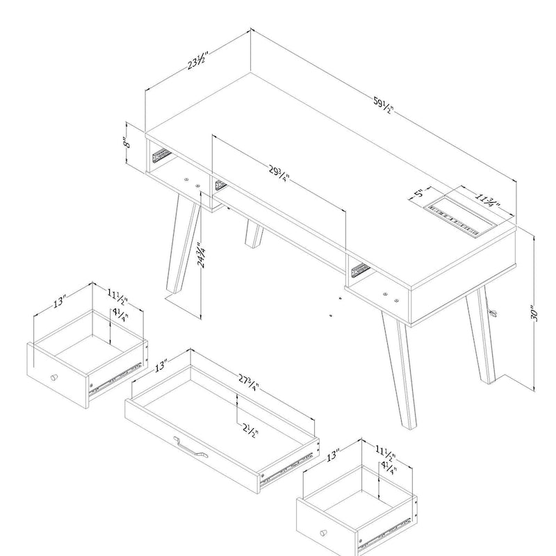 Bureau d'ordinateur de style scandinave en noyer naturel / blanc / orme clair avec barre d'alimentation intégrée et 3 tiroirs, 1 personne