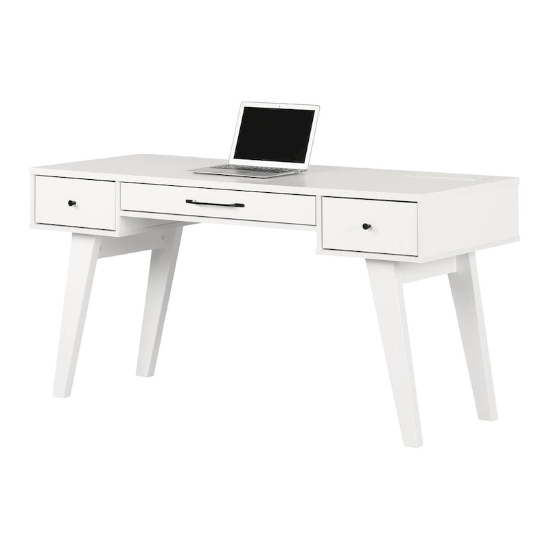 Bureau d'ordinateur de style scandinave en noyer naturel / blanc / orme clair avec barre d'alimentation intégrée et 3 tiroirs, 1 personne