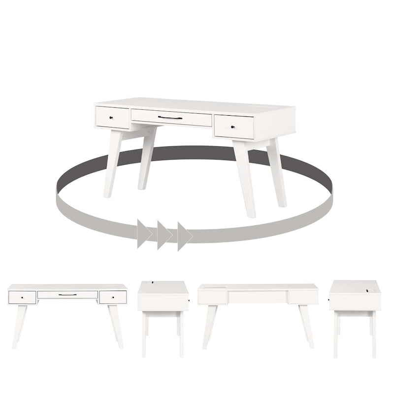 Bureau d'ordinateur de style scandinave en noyer naturel / blanc / orme clair avec barre d'alimentation intégrée et 3 tiroirs, 1 personne