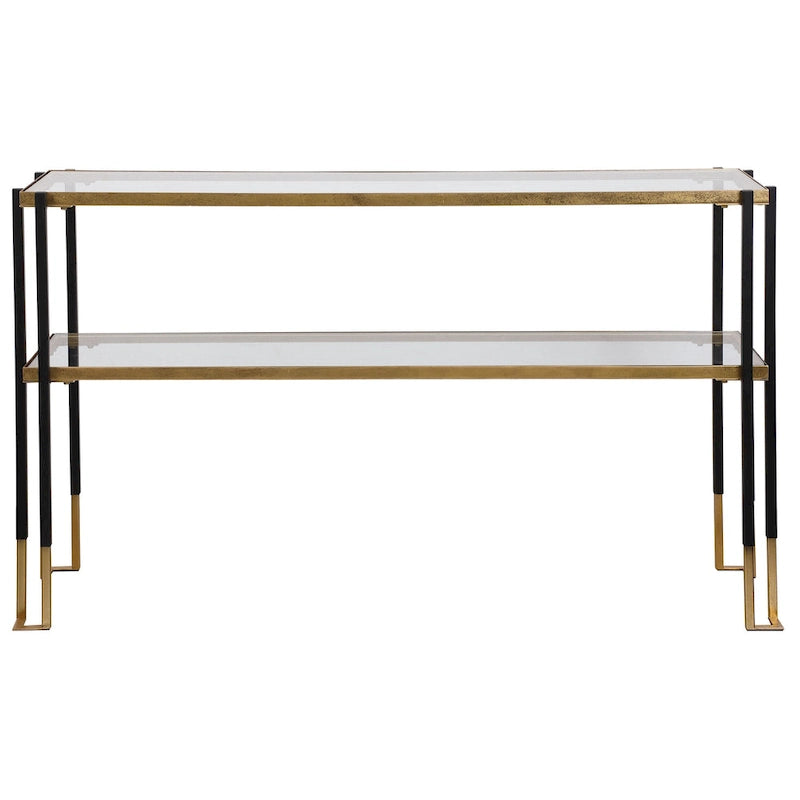 Console moderne noire mate et or brossé avec 2 étagères en verre trempé, 1 personne