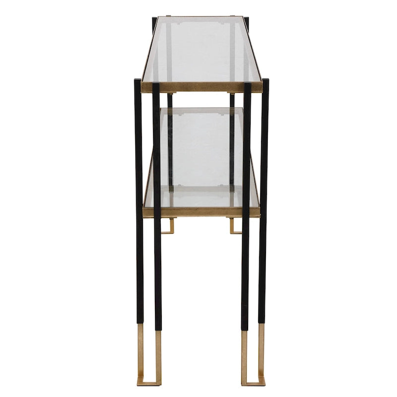 Console moderne noire mate et or brossé avec 2 étagères en verre trempé, 1 personne