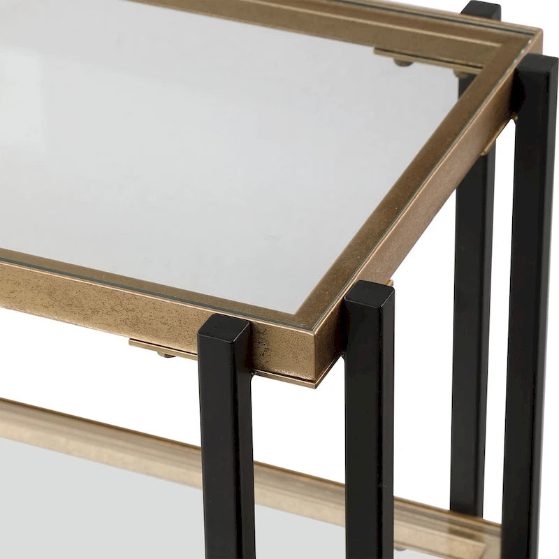 Console moderne noire mate et or brossé avec 2 étagères en verre trempé, 1 personne