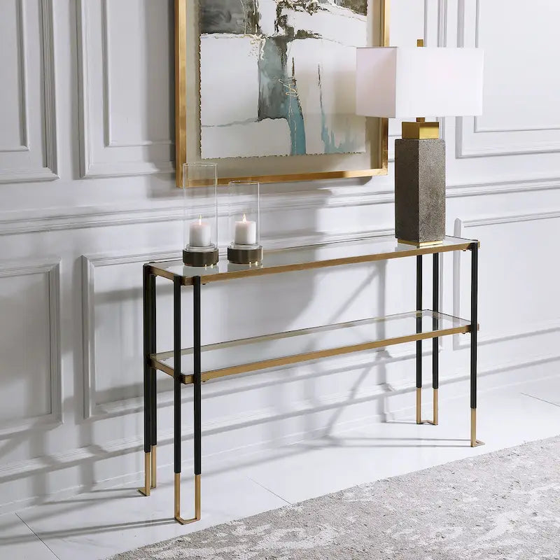 Console moderne noire mate et or brossé avec 2 étagères en verre trempé, 1 personne