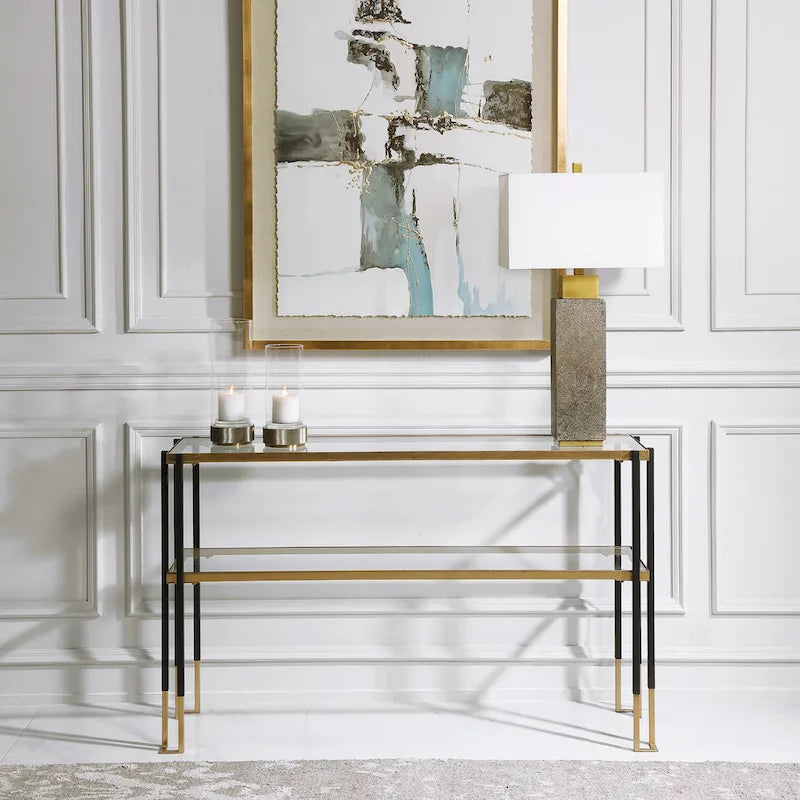 Console moderne noire mate et or brossé avec 2 étagères en verre trempé, 1 personne