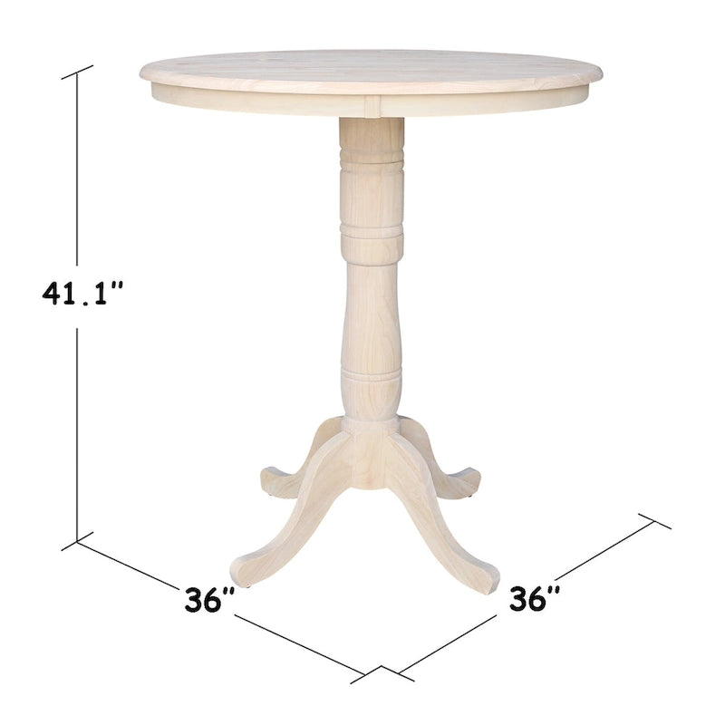 Unfinished Round Parawood Butcher Block Bar-Height Pedestal Table, 36 Inch, 2-Person