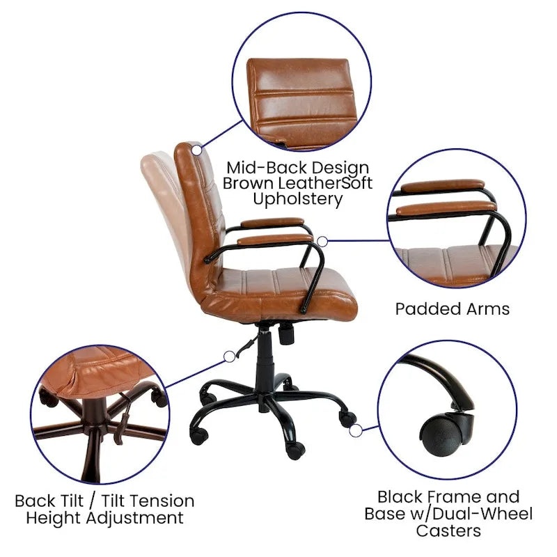 Fauteuil de bureau pivotant de direction à dossier mi-haut en similicuir noir/blanc/marron/gris, avec hauteur et inclinaison réglables, 1 personne