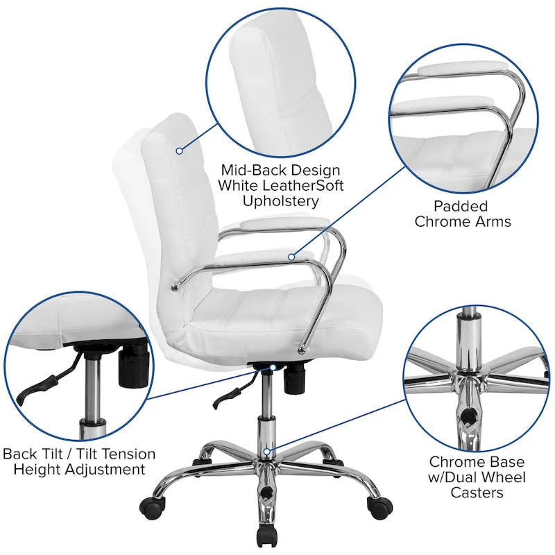 Fauteuil de bureau pivotant de direction à dossier mi-haut en similicuir noir/blanc/marron/gris, avec hauteur et inclinaison réglables, 1 personne