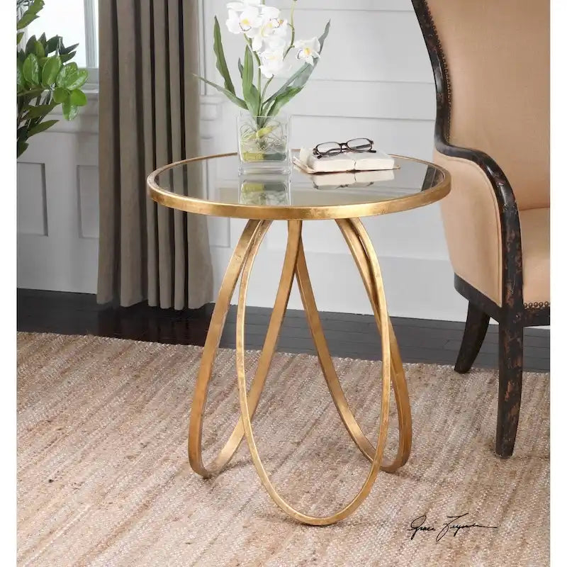 Table d'appoint carrée Or et Miroir vieilli, Style Glamour, 1 personne