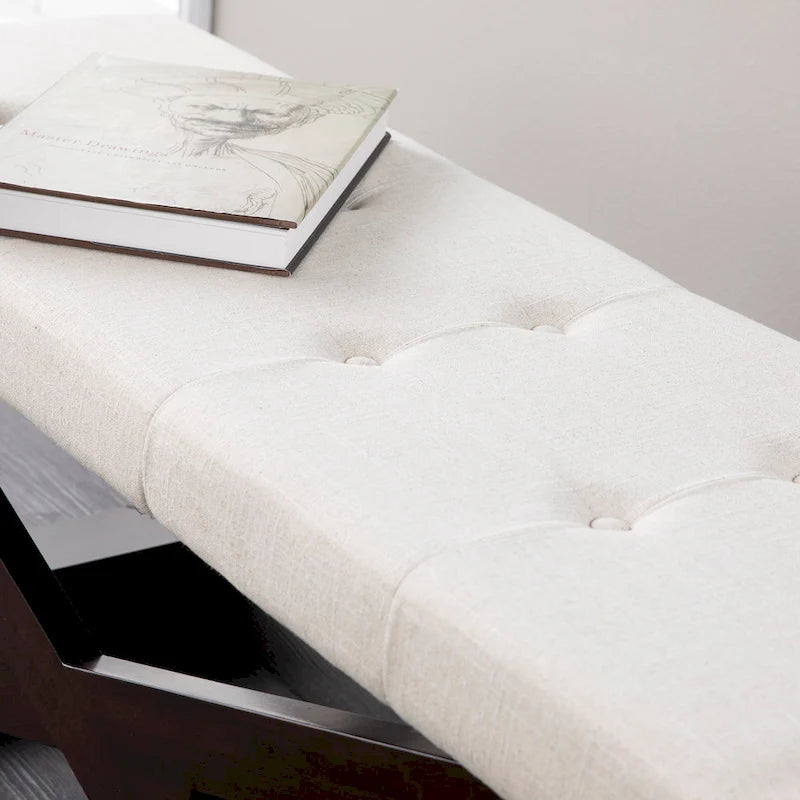 Banc d'entrée capitonné blanc cassé avec pieds espresso, style transitionnel, 1 place