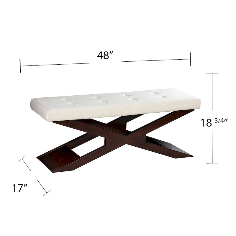 Banc d'entrée capitonné blanc cassé avec pieds espresso, style transitionnel, 1 place