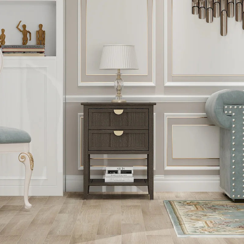 Table de chevet américaine à 2 tiroirs, gris / vert olive, avec MDF effet bois et pieds antidérapants, 1 personne