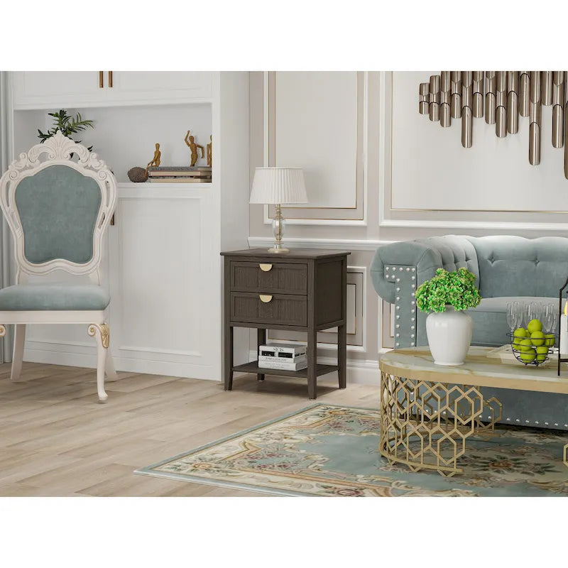 Table de chevet américaine à 2 tiroirs, gris / vert olive, avec MDF effet bois et pieds antidérapants, 1 personne