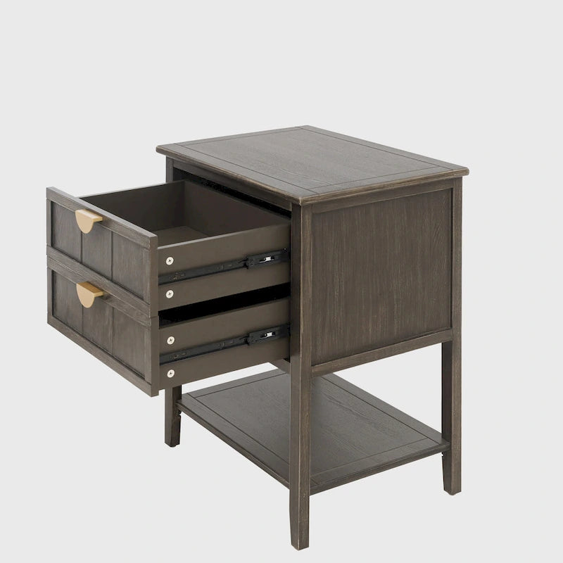Table de chevet américaine à 2 tiroirs, gris / vert olive, avec MDF effet bois et pieds antidérapants, 1 personne