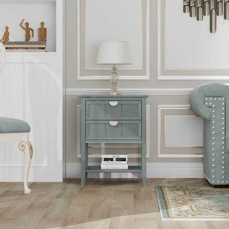 Table de chevet américaine à 2 tiroirs, gris / vert olive, avec MDF effet bois et pieds antidérapants, 1 personne