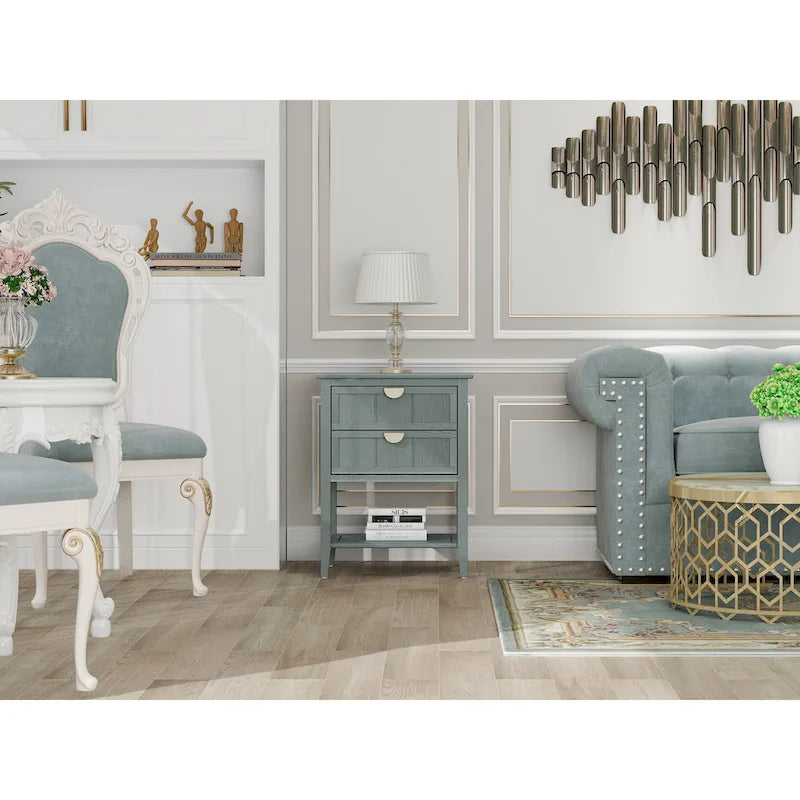 Table de chevet américaine à 2 tiroirs, gris / vert olive, avec MDF effet bois et pieds antidérapants, 1 personne