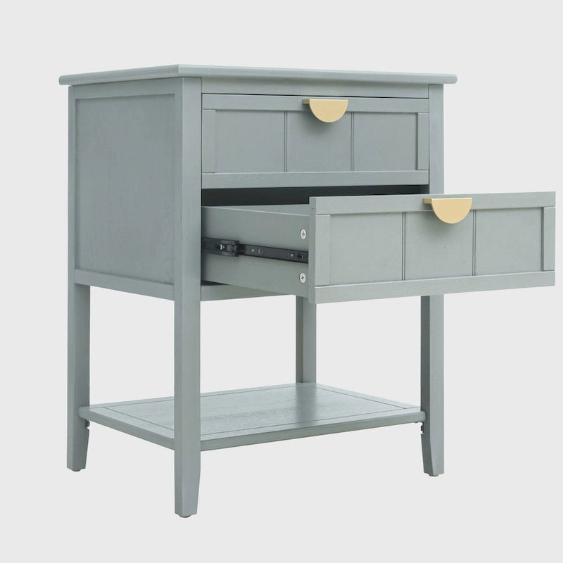 Table de chevet américaine à 2 tiroirs, gris / vert olive, avec MDF effet bois et pieds antidérapants, 1 personne