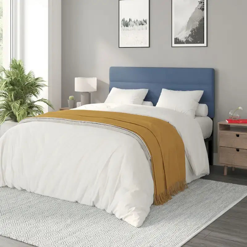 Tête de lit capitonnée en similicuir (lin) bleu / gris / taupe / crème avec hauteur réglable, simple / double / grand lit / très grand lit