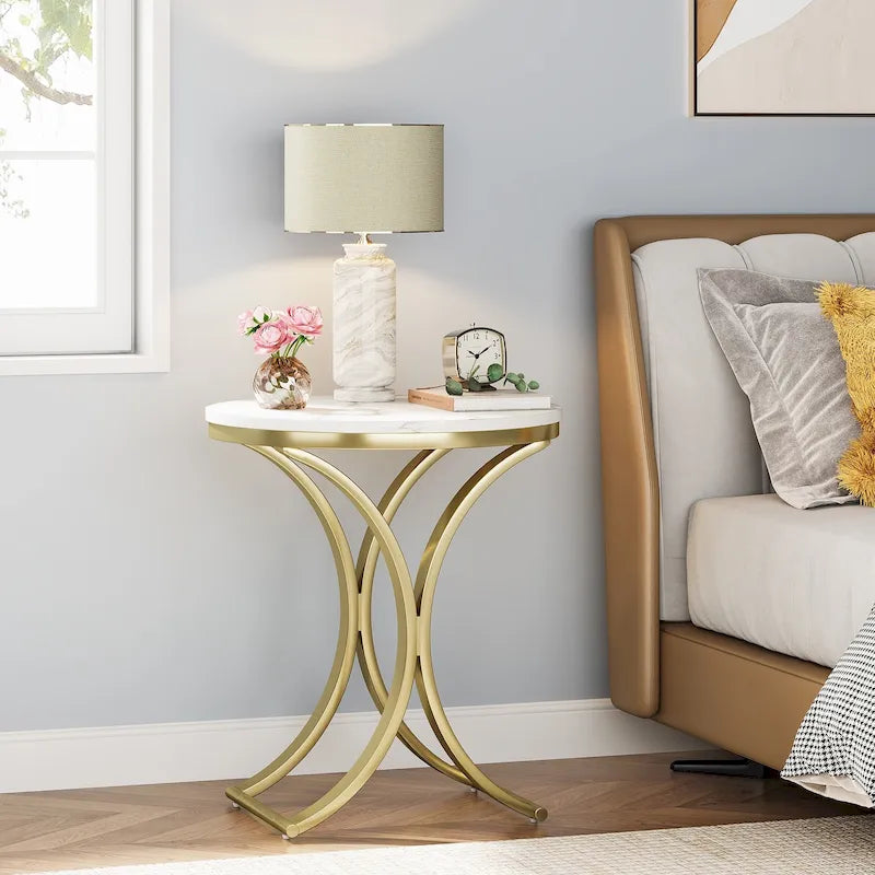 Table d'appoint ronde avec plateau en faux marbre blanc/noir/marron et piètement en métal doré, style moderne, pour 1 personne