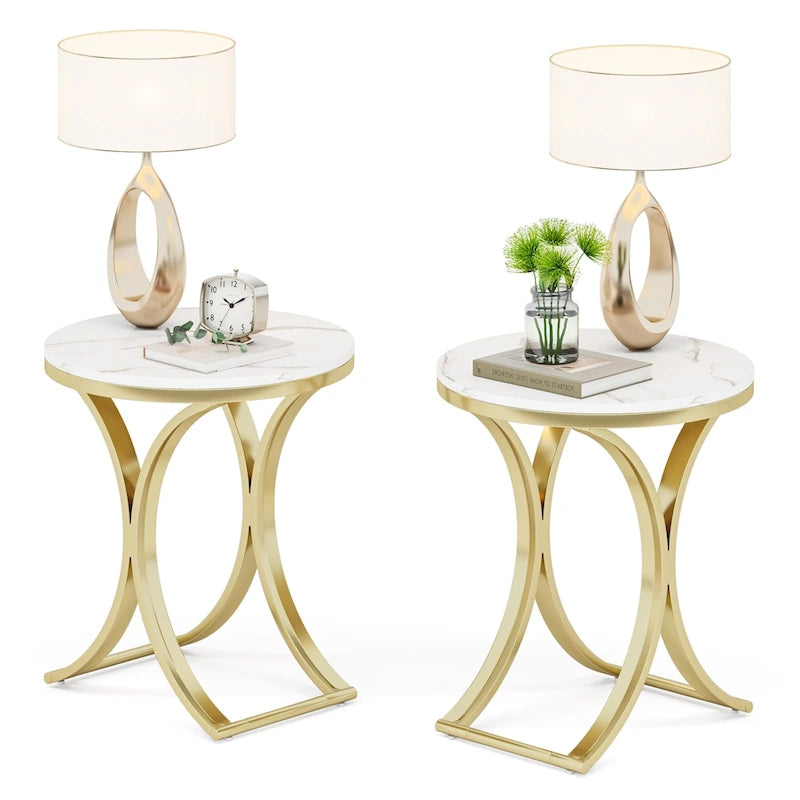 Table d'appoint ronde avec plateau en faux marbre blanc/noir/marron et piètement en métal doré, style moderne, pour 1 personne