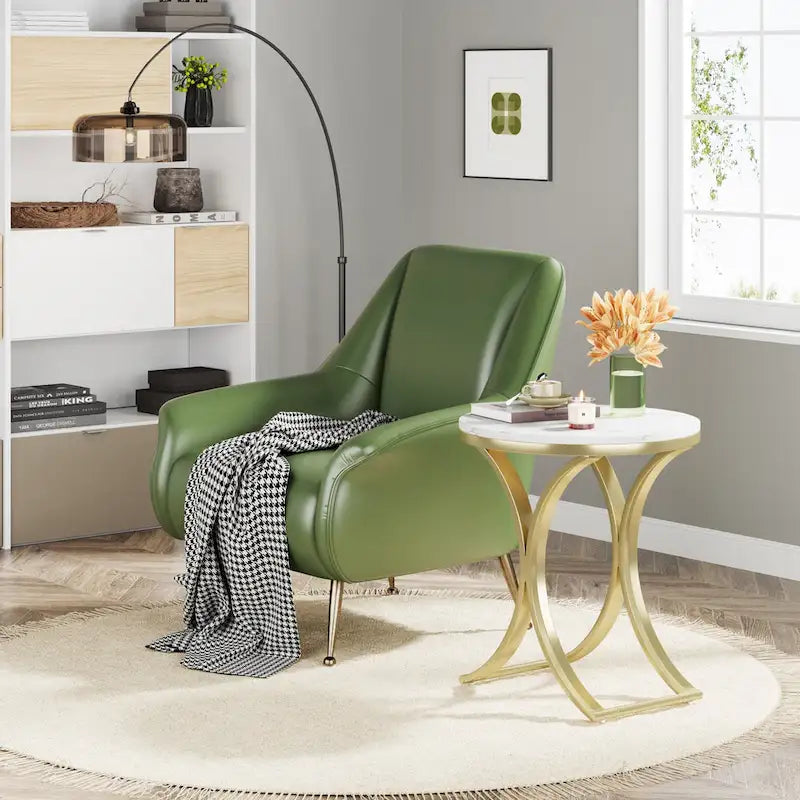Table d'appoint ronde avec plateau en faux marbre blanc/noir/marron et piètement en métal doré, style moderne, pour 1 personne
