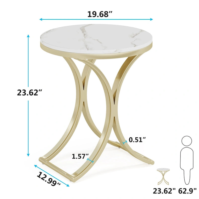 Table d'appoint ronde avec plateau en faux marbre blanc/noir/marron et piètement en métal doré, style moderne, pour 1 personne