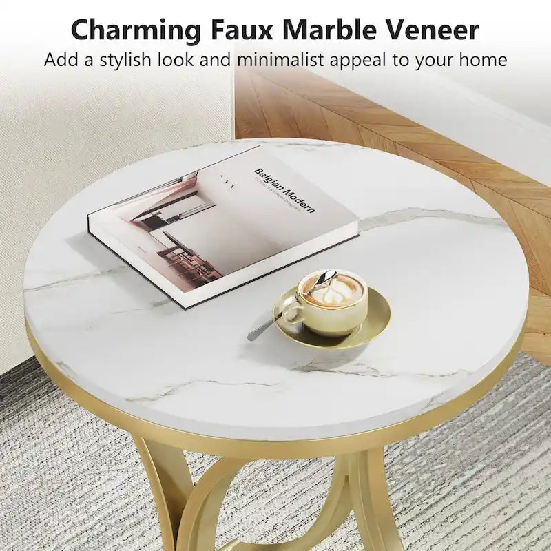 Table d'appoint ronde avec plateau en faux marbre blanc/noir/marron et piètement en métal doré, style moderne, pour 1 personne