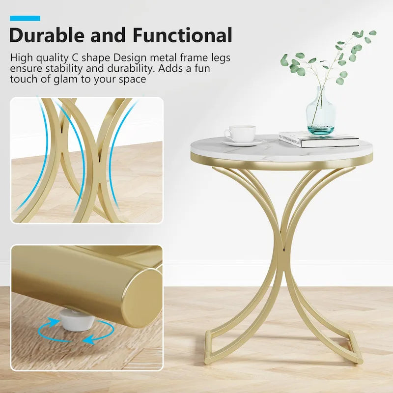 Table d'appoint ronde avec plateau en faux marbre blanc/noir/marron et piètement en métal doré, style moderne, pour 1 personne
