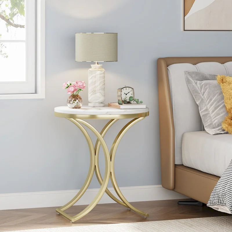 Table d'appoint ronde avec plateau en faux marbre blanc/noir/marron et piètement en métal doré, style moderne, pour 1 personne