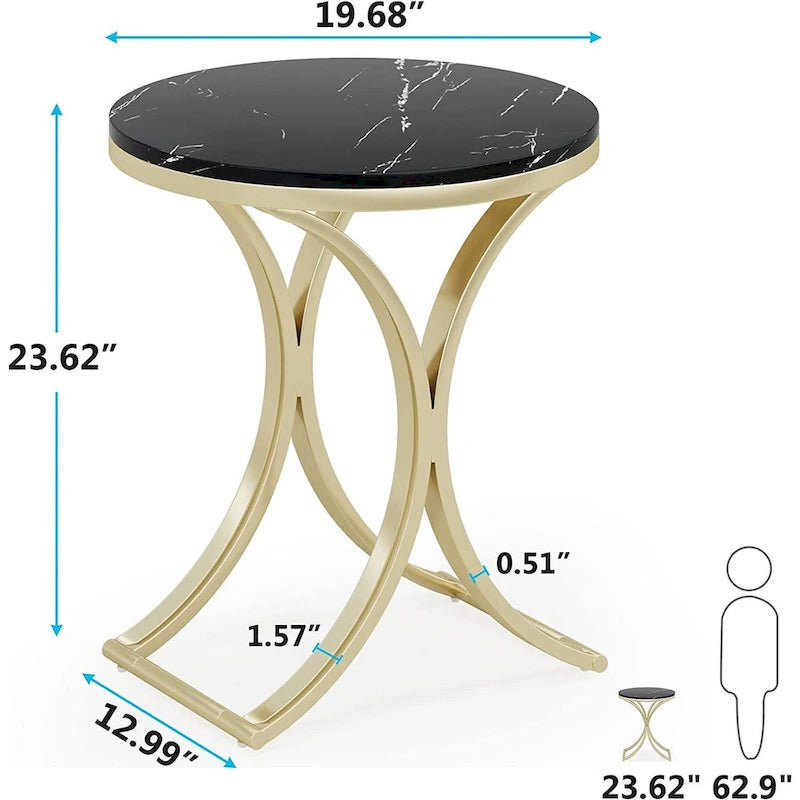 Table d'appoint ronde avec plateau en faux marbre blanc/noir/marron et piètement en métal doré, style moderne, pour 1 personne