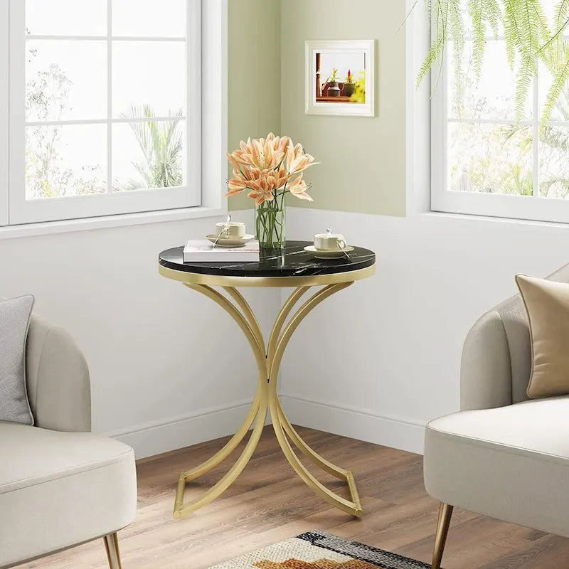 Table d'appoint ronde avec plateau en faux marbre blanc/noir/marron et piètement en métal doré, style moderne, pour 1 personne
