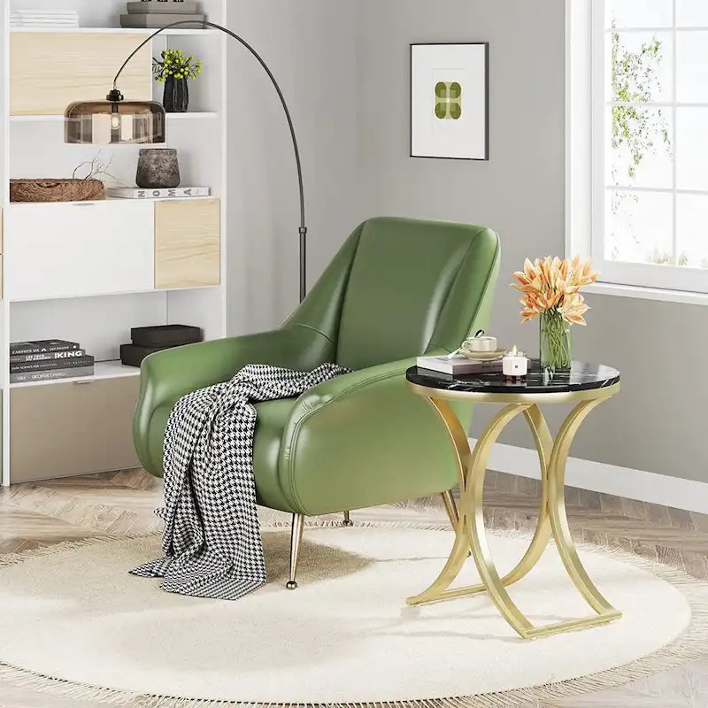 Table d'appoint ronde avec plateau en faux marbre blanc/noir/marron et piètement en métal doré, style moderne, pour 1 personne