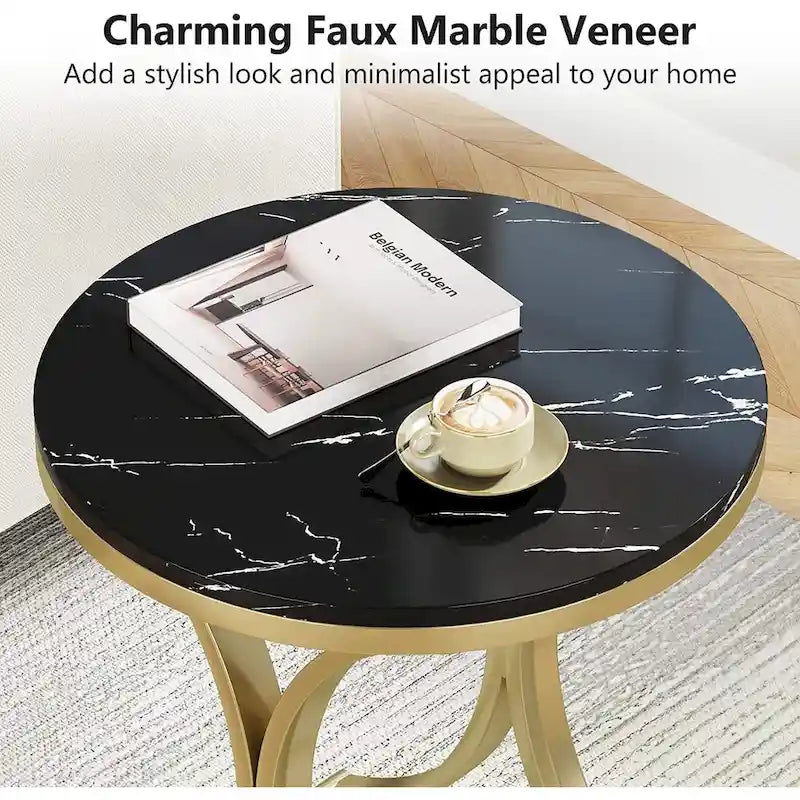 Table d'appoint ronde avec plateau en faux marbre blanc/noir/marron et piètement en métal doré, style moderne, pour 1 personne