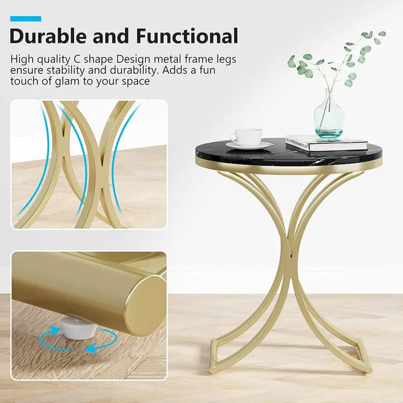 Table d'appoint ronde avec plateau en faux marbre blanc/noir/marron et piètement en métal doré, style moderne, pour 1 personne